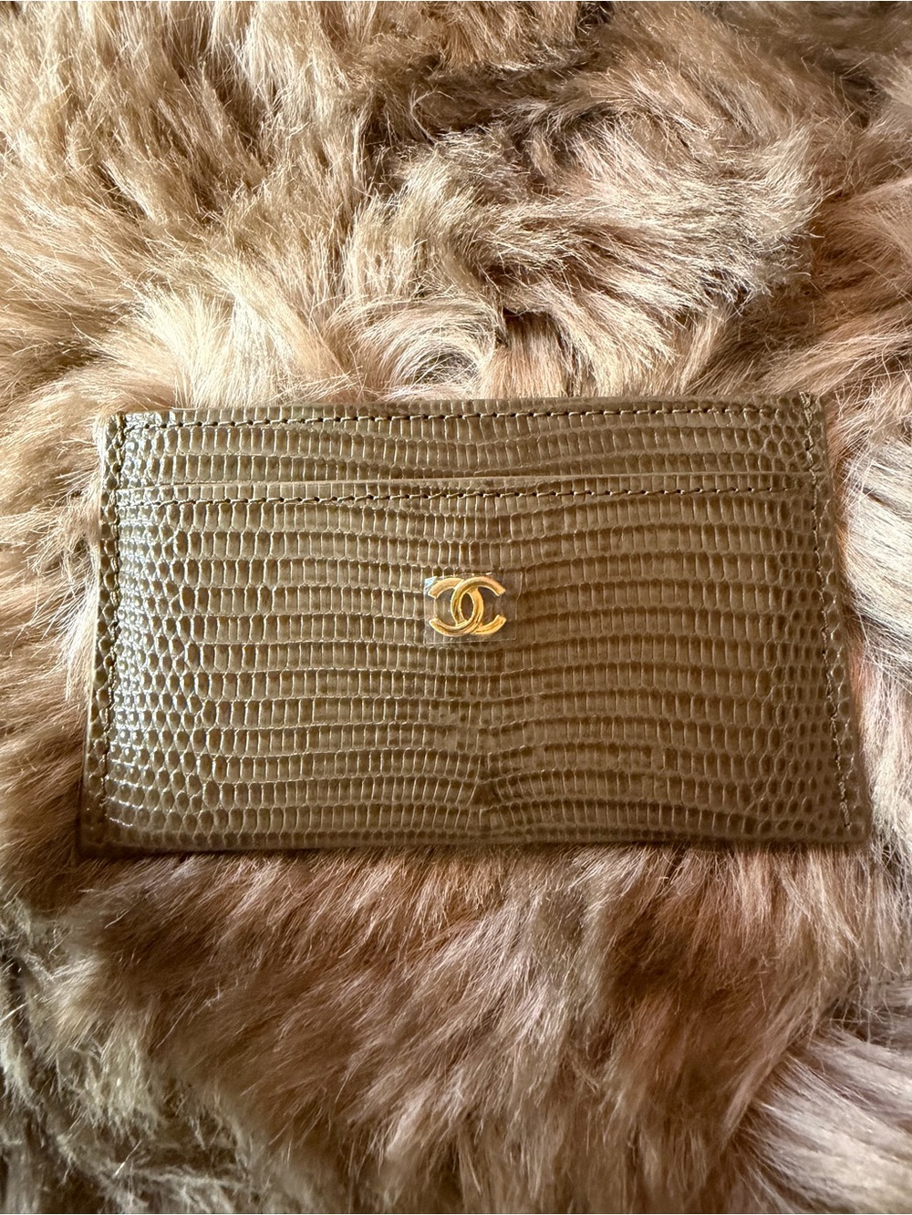 Chanel Embossed Lizard Cardholder in Khaki and Gold hardware